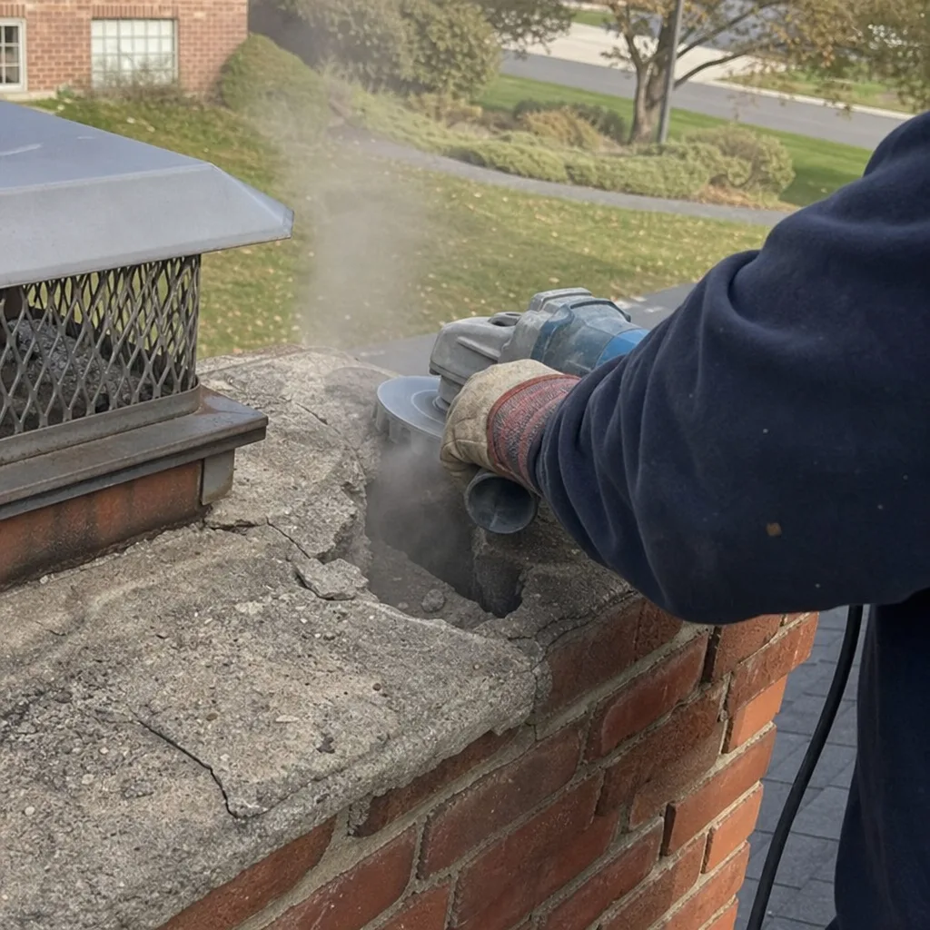 Professional contractor performing chimney crown repair with an angle grinder.
