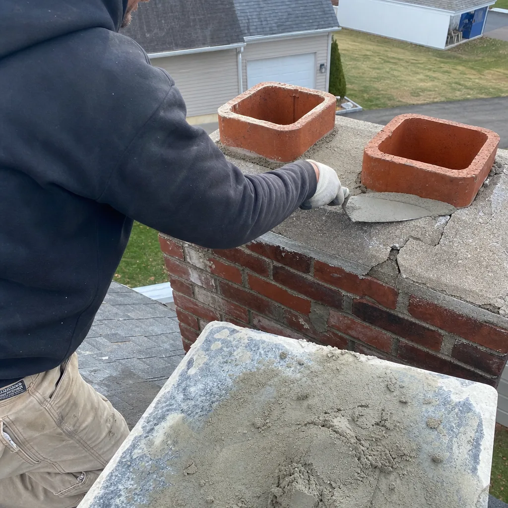 Professional technician repairing a damaged brick chimney crown with mortar.