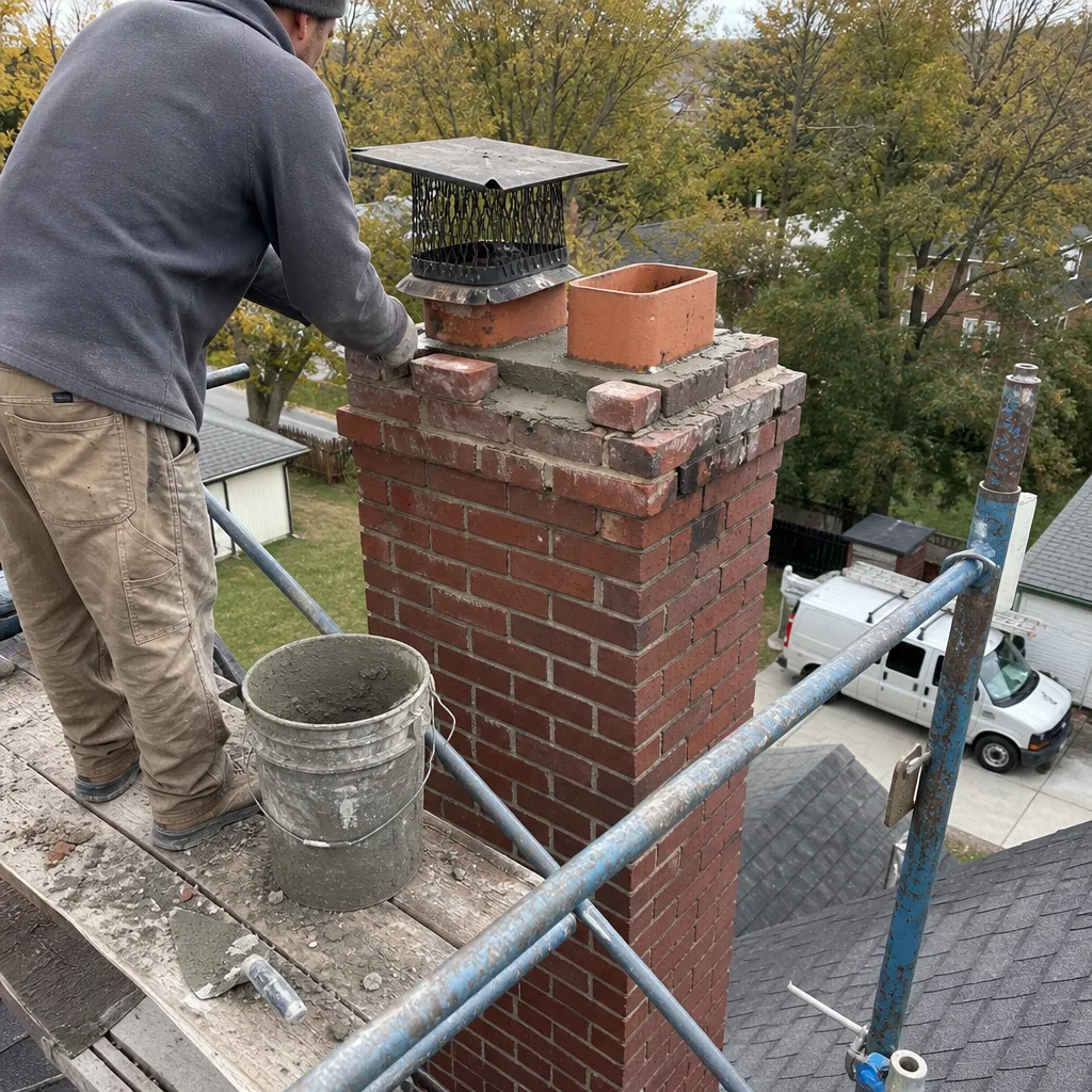 Professional technician performing chimney masonry repair on a roof
