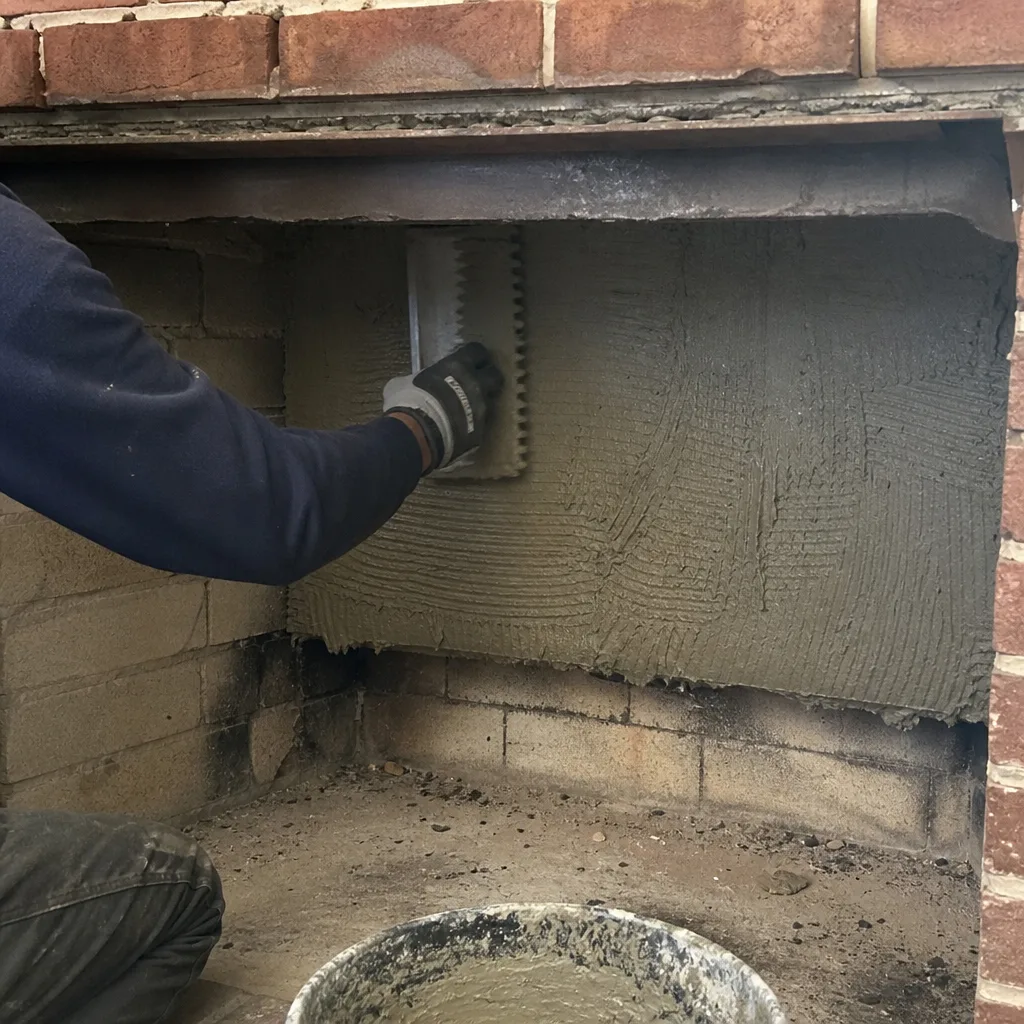 Worker applying mortar to a fireplace firebox with a notched trowel
