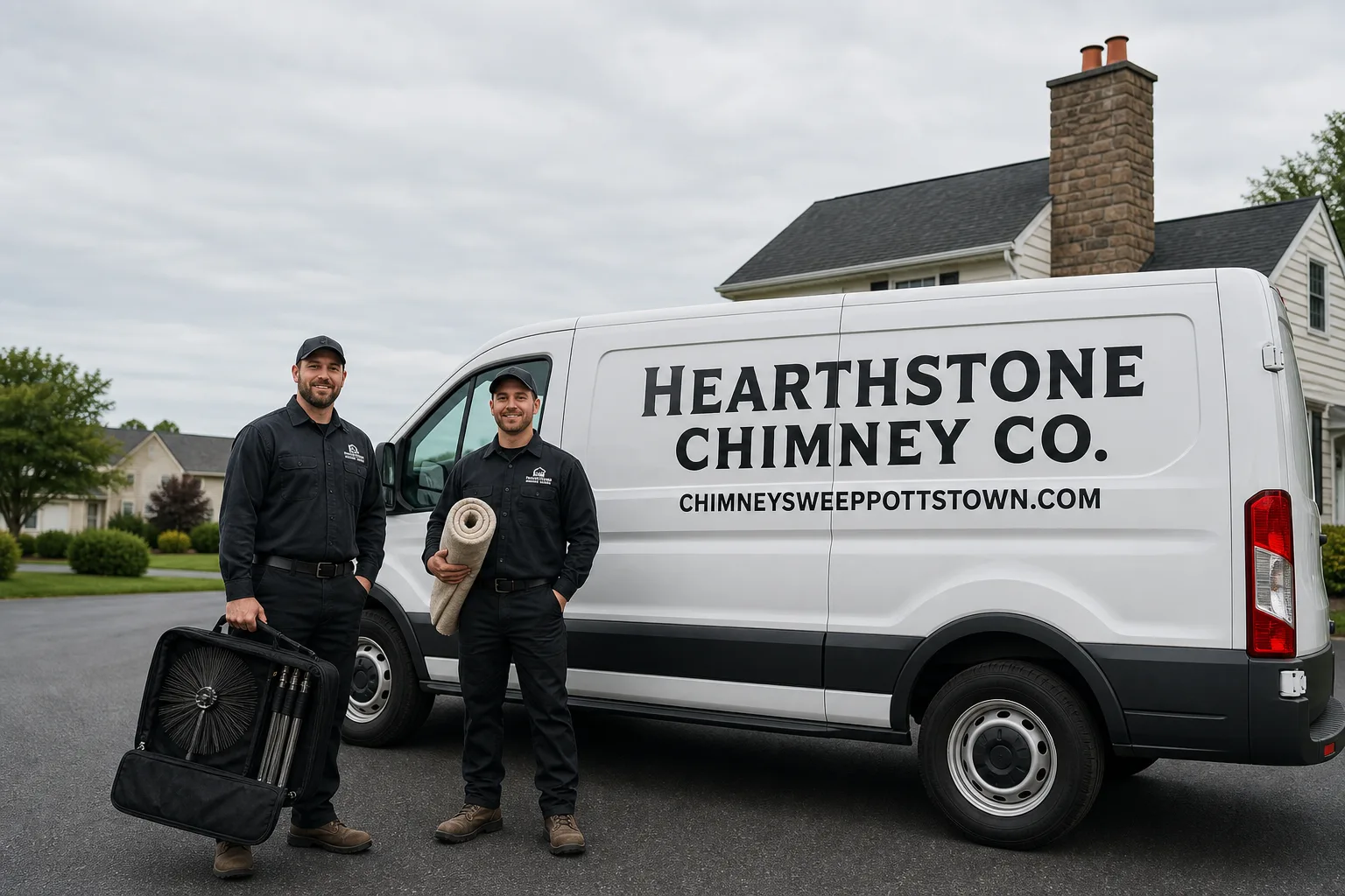 Hearthstone Chimney Co. chimney cleaning service vehicle and crew in Pottstown, PA